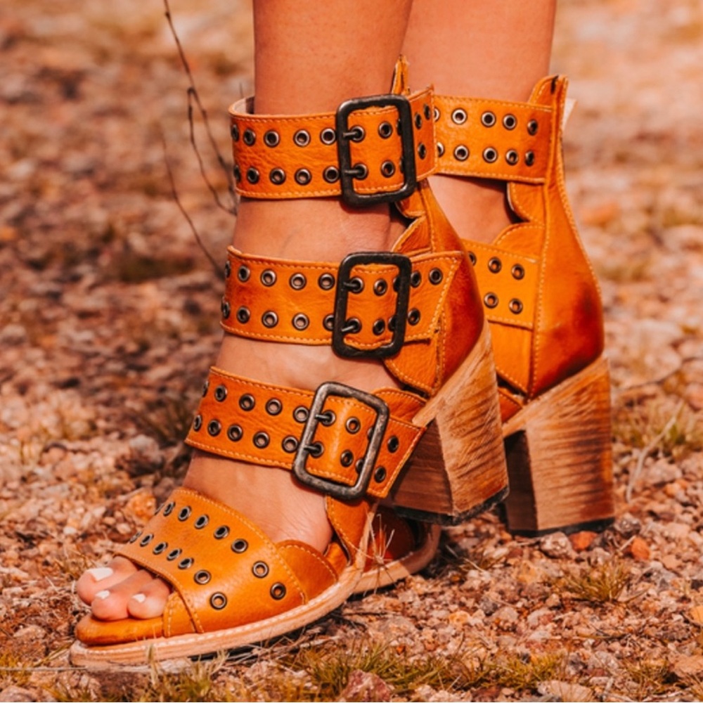Freebird by Steven Cognac Leather Studded Buckle Sandals